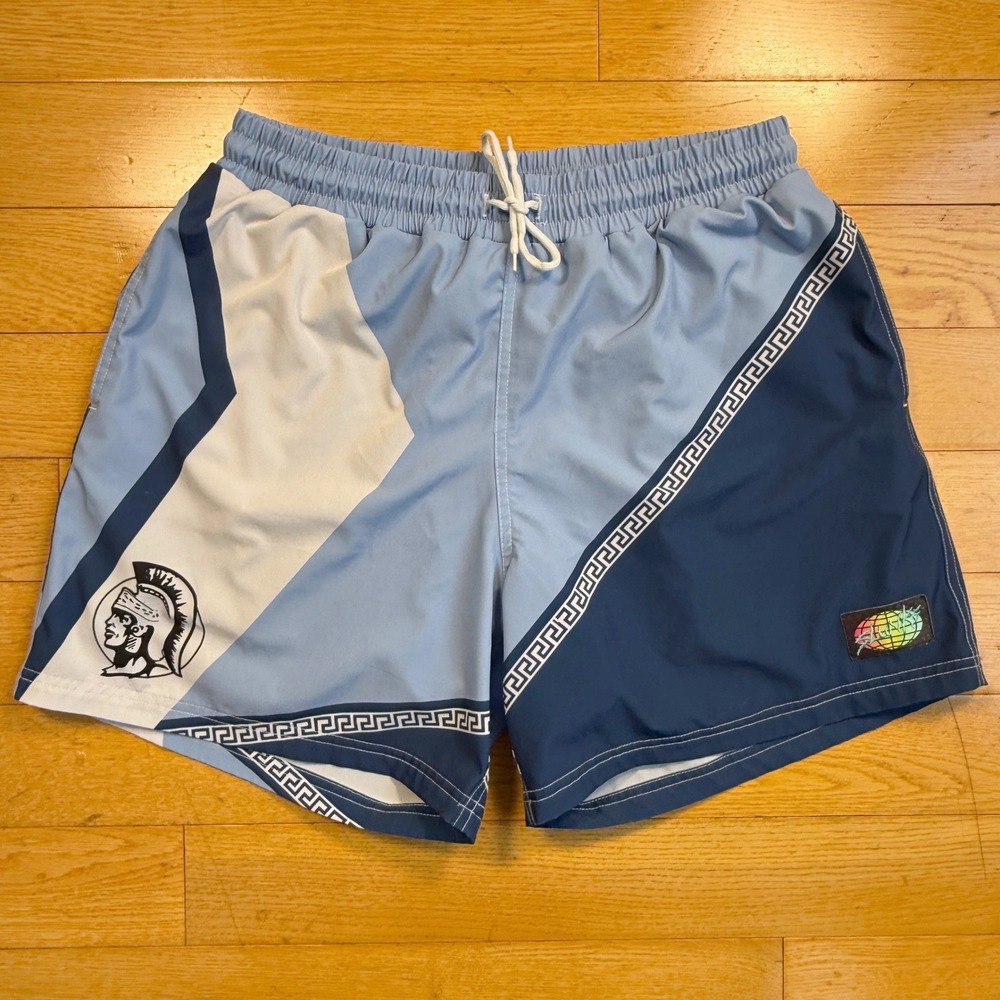 Slunks Mens Large Saugus Volleyball Shorts Blue Greek Key Compression Liner